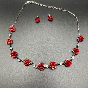 Vintage Costume Red Rose Gem Necklace with Pierced earrings